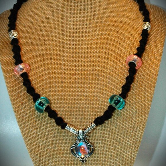 Bohemian Lotus Flower Teardrop Moonstone on a 20 1/2" Handmade Black Hemp Chain - Picture 1 of 6